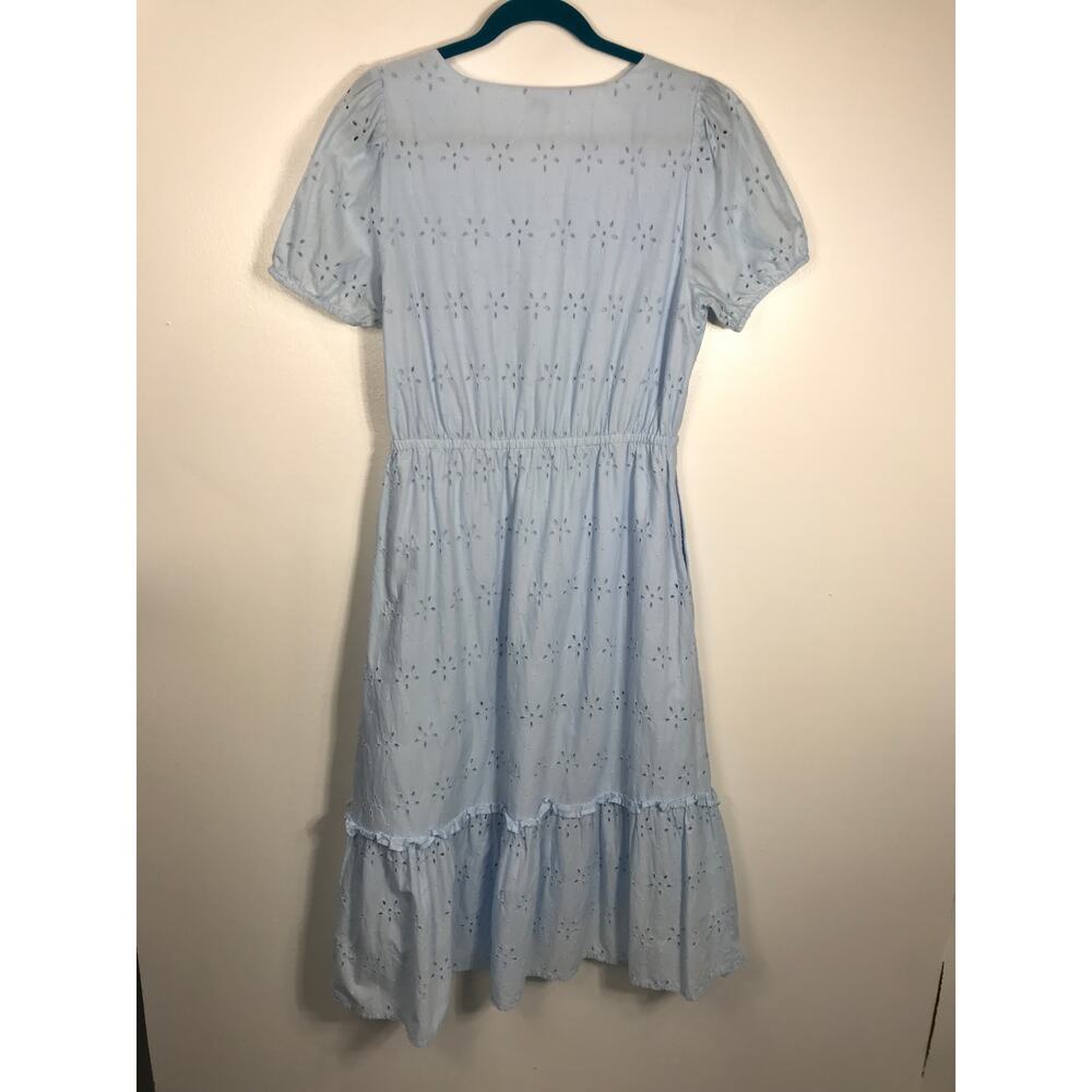 J. Crew Midi Dress Women's 8 Blue V Neck Puff Sleeve Eyelet Tiered Feminine - Picture 9 of 15